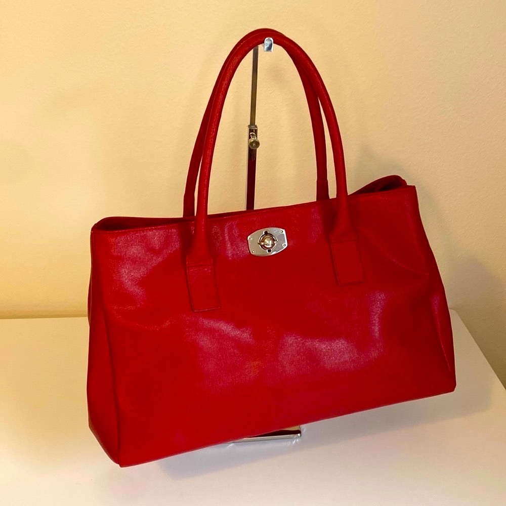 Furla Red Saffiano Leather Tote Bag with Turn-Lock Closure